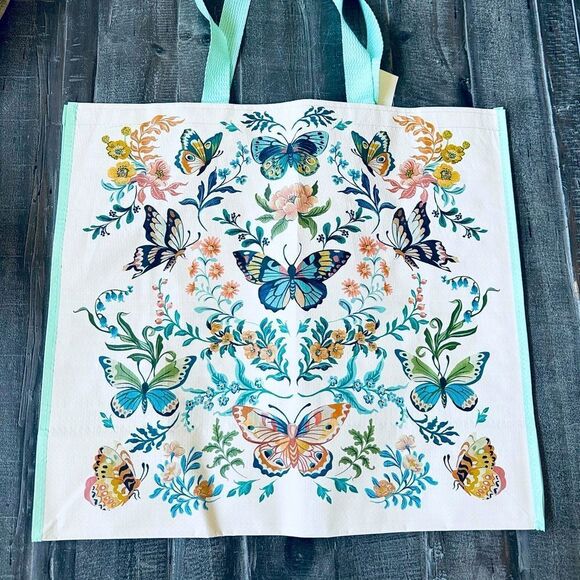 Floral Butterfly Botanical Large Reusable Shopping Tote Bag - Picture 1 of 3